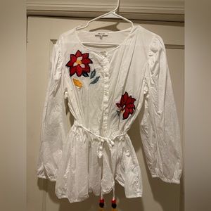 Madewell White Blouse with Floral Embroidery and Pompom Tie Belt